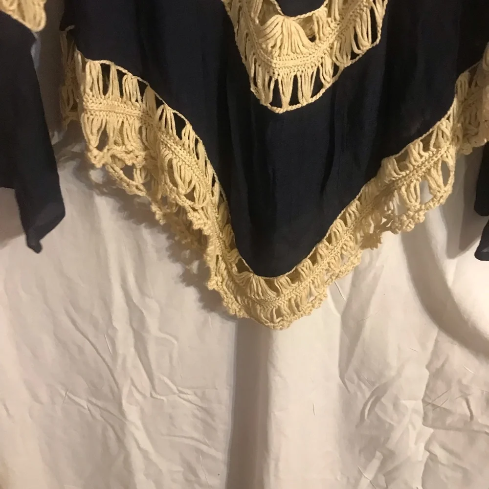 UmGee boho v neck top hollow out coverup. Navy fabric with beige crochet.